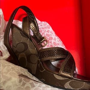 Coach Bronze Patterned Wedge Sandals